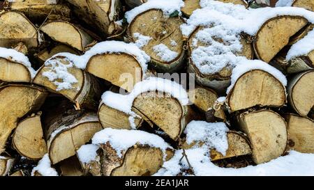 Verschneite Birke Holzstapel aus gestapeltem Holz geschnitten Stockfoto