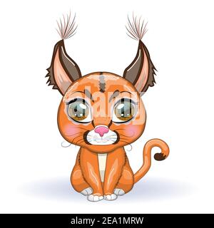 Caracal Steppe Luchs mit schönen Augen im Cartoon-Stil, bunte Illustration für Kinder. Karakalkatze mit charakteristischen Ohren, Flecken und Farbe Stock Vektor