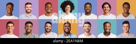 Set von fröhlichen multiethnischen Männern verschiedener Altersgruppen Porträts Stockfoto