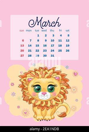 Kalender 2022 mit niedlichen Papptieren für jeden Monat. Tiger, Schneeleopard, roter Panda, Katze, Nilpferd, Eule, Löwe, Hase, Fuchs, Hamster, Kuh. Vertikal ca. Stock Vektor