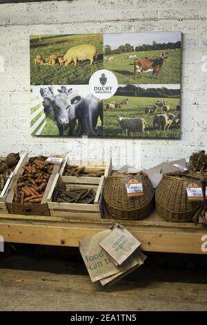 Der Schuppen Veg auf der Duchy Home Farm in der Nähe von Tetbury verkauft Bio-Produkte aus dem Bauernhof und andere lokale Produkte, Gloucestershire, England Stockfoto