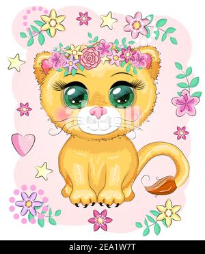 Cartoon Löwin mit ausdrucksstarken Augen. Wilde Tiere, Charakter, kindisch niedlichen Stil. Stock Vektor
