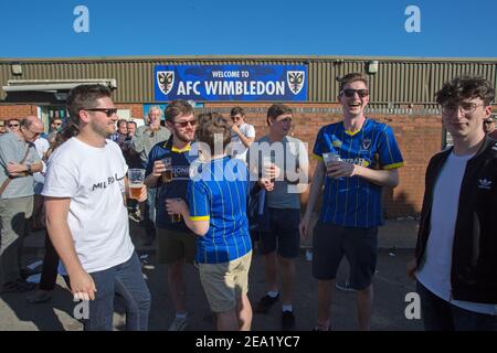 AFC Wimbledon-Fans trinken Bier vor dem Spiel im AFC Wimbledon Football Club, England. Stockfoto