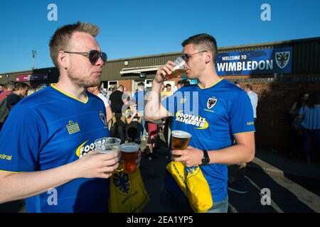 AFC Wimbledon-Fans trinken Bier vor dem Spiel im AFC Wimbledon Football Club, England. Stockfoto