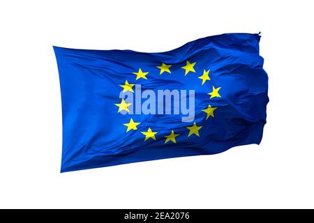 EU-Flagge Nahaufnahme isoliert auf weißem Hintergrund. Stockfoto