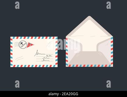 Briefumschläge oder Briefumschläge mit Stempel und Poststempel, gegenüberliegende und Vorderansicht. Briefumschläge isoliert auf schwarzem Hintergrund. F Stock Vektor
