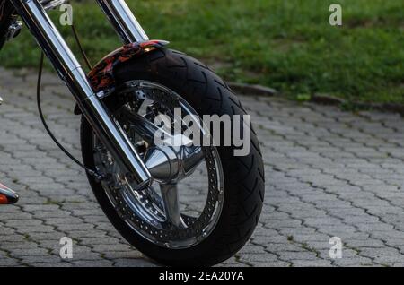 Vorderrad der Motorradansicht Stockfoto