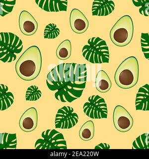 Avocado Hälften und Monstera Blätter Muster Stock Vektor