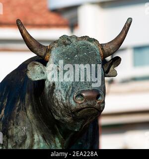 Stierkampfskulptur, Stierkampfmonument, Saintes-Maries-de-la-Mer, Camargue, Provence-Alpes-Cote d'Azur, Frankreich Stockfoto