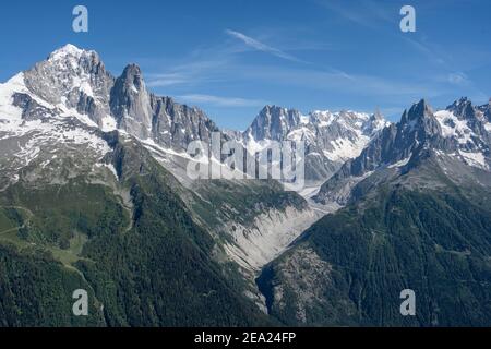 Mer de Glace Glacial Valley, Grand Balcon North, Aiguille Verte, Grandes Jorasses, Mont Blanc Massiv, Chamonix-Mont-Blanc, Haute-Savoie, Frankreich Stockfoto