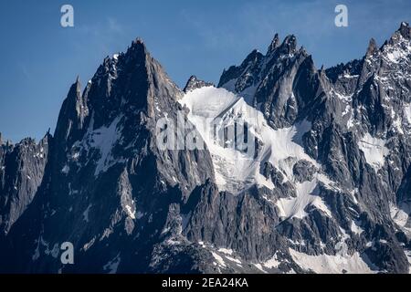 Aiguille du Grepon, Aiguille des Grands Charmoz, Aiguille de Blaitiere und Aiguille du Fou, Berggipfel des Mont Blanc Massivs Stockfoto