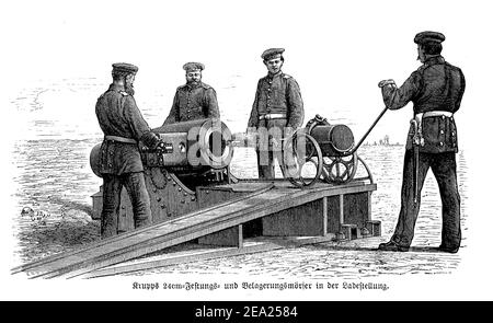 Preußische Soldaten montieren eine Krupp 24 cm. Mörserkanone für die Küstenverteidigung, der französisch-preußische Krieg (1870-1871) Stockfoto