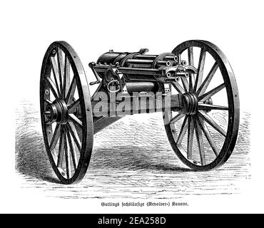 Gatling Schnellschuss Mehrfass-Maschinengewehr erfunden im Jahr 1861 von Richard Jordan Gatling, lädt jeder Lauf sequenziell eine einzelne Runde Patrone und feuert den Schuss als Revolver Kanone Stockfoto