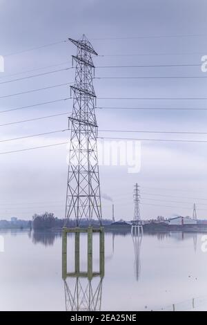 Stromleitungen und Masten überschwemmt während Hochwasser in der Rheinear Wageningen, Gelderland in den Niederlanden Stockfoto