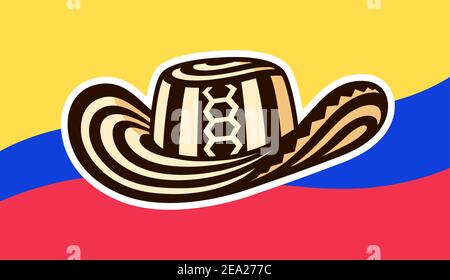 Sombrero Vueltiao, traditioneller kolumbianischer Hut mit Flagge Kolumbiens. Vektorgrafik Clip Art Illustration. Stock Vektor