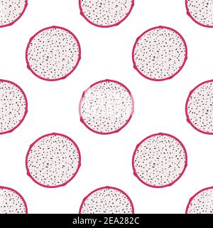 Nahtloses Muster mit frischen halbgeschnittenen roten Pitaya-Früchten isoliert auf weißem Hintergrund. Sommerfrüchte für einen gesunden Lebensstil. Bio-Obst. Cartoon-Stil Stock Vektor