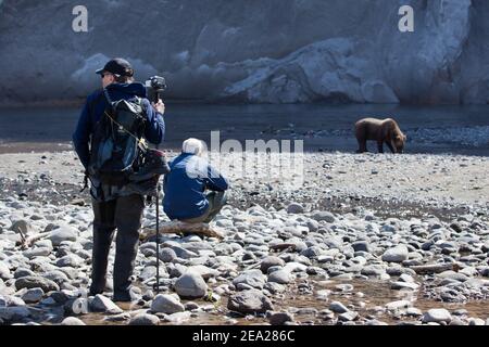 RUSSLAND, KAMTSCHATKA - AUGUST 27: Nicht identifizierte Touristen schauen einem wilden Bären in naher unsicherer Entfernung im Jahr 2012 Stockfoto