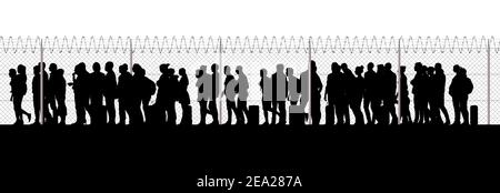 Flüchtlinge und Einwanderer auf der Suche nach einem neuen Leben. Kolonne von Migranten in der Nähe der Staatsgrenzen. Zaun und Stacheldraht. Überwachung, überwacht. Silhouette Stockfoto