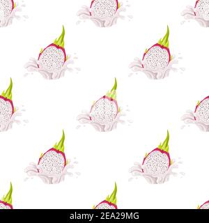 Nahtloses Muster mit frischen leuchtend roten Pitaya Saft Spritzer auf weißem Hintergrund isoliert platzen. Sommerlicher Fruchtsaft. Cartoon-Stil. Vektorgrafik Stock Vektor