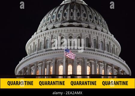 Inschrift Quarantäne auf gelbem Polizeiband vor dem Hintergrund des Capitol Congress Building in Washington DC, USA bei Nacht. Nahaufnahme der Kuppel Stockfoto