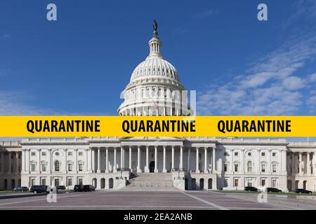 Inschrift Quarantäne auf gelbem Polizeiband vor dem Hintergrund des Capitol Congress Building in Washington DC, USA. US-Coronavirus-Konzept in Stockfoto
