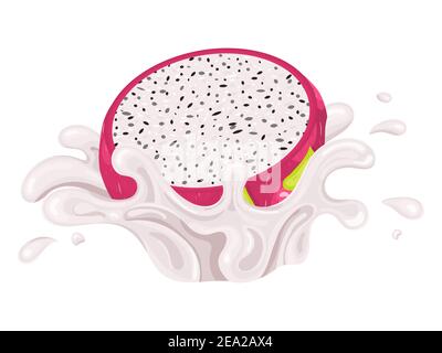 Frische helle rote Hälfte pitaya Saft Spritzer platzen isoliert auf weißem Hintergrund. Sommerlicher Fruchtsaft. Cartoon-Stil. Vektorgrafik für jedes Design. Stock Vektor