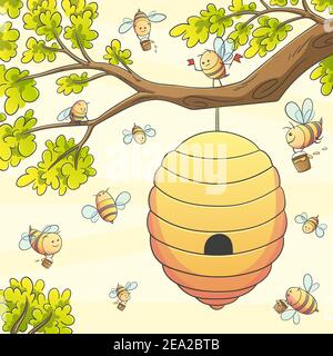 Bienen am Bienenstock. Handgezeichnete Vektorgrafik mit separaten Ebenen. Stock Vektor