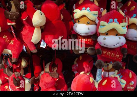 07,02.2021, Singapur, Republik Singapur, Asien - Store in Chinatown verkauft dekorative Stofftiere in Bezug auf das chinesische Sternzeichen des Ochsen. Stockfoto