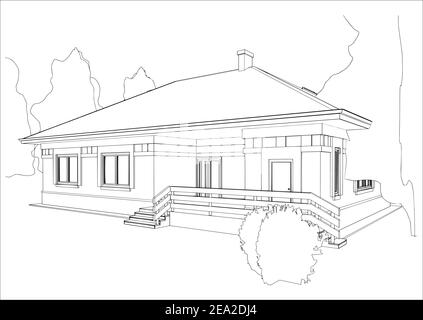 Architektonische Skizze des Hauses. Perspektivischer Blick auf die Hütte. Schwarz-Weiß-Vektorgrafik. Stock Vektor