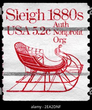 USA - UM 1981: Eine in den USA gedruckte Briefmarke zeigt die Serie Sleigh, Transportation, um 1981 Stockfoto