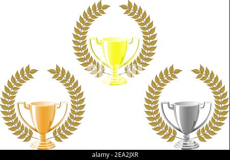 Satz von Cups mit Lorbeerkranz für Sport Design Stock Vektor
