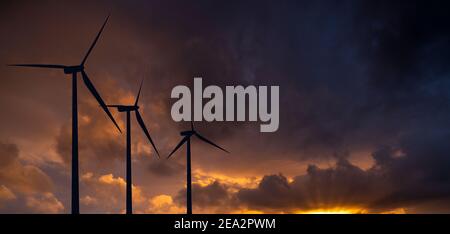 Silhouetten von Windenergieanlagen bei Sonnenuntergang Stockfoto