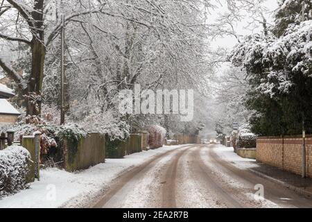 Blick auf eine schneebedeckte, von Bäumen gesäumte Boston Spa High Street mit Spuren, die von Fahrzeugen erstellt wurden, die entlang der Straße fahren Stockfoto