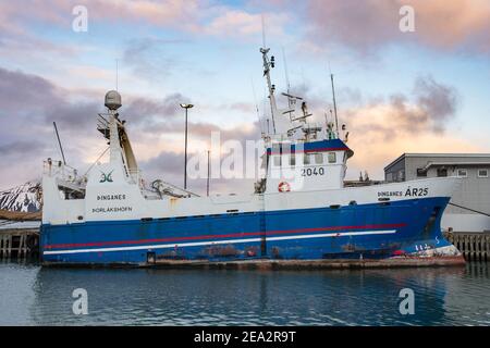 Hofn i Hornafirdi Island - März 25. 2020: Fischtrawler Thinganes im Hafen Stockfoto