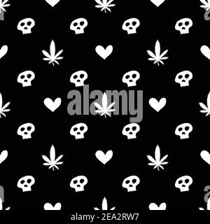 Marihuana Love Skull nahtloses Muster. Handgezeichnete Vektorgrafik. Für Oberflächengestaltung, Druck, Poster, Icon, Web, grafische Designs. Stock Vektor