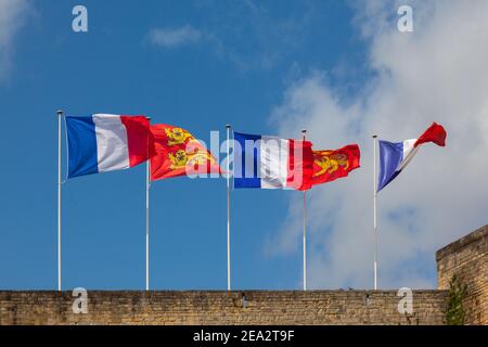 frankreich Flaggen sind auf einer Zypressenwand gegen ein Blau Himmel Stockfoto