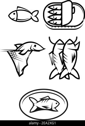 Satz von Meeresfrüchten und Fisch Symbole isoliert auf weißem Stock Vektor