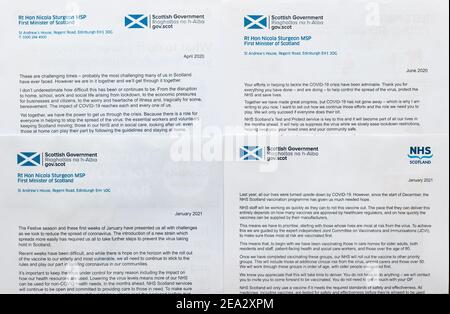Briefe der britischen und schottischen Regierung von Nicola Sturgeon, dem Ersten Minister während der Coronavirus-Pandemie Covid-19, Schottland, Großbritannien Stockfoto