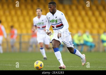 Sampdoria's senegalesische Stürmer Keita Balde kontrolliert den Ball während des Serie-A-Fußballspiels zwischen Benevento und UC Sampdoria am 07. Februar 2021 im Ciro Vigorito Stadium, Benevento, Italien Stockfoto