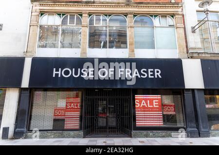 Cardiff, Wales - Februar 3rd 2021: Allgemeine Ansicht des Howells, House of Fraser Store, der wegen der Sperrmaßnahmen des Wales Coronavirus geschlossen ist. Stockfoto