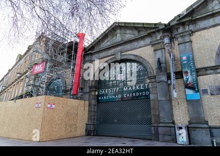 Cardiff, Wales - Februar 3rd 2021: Allgemeine Ansicht des Cardiff Market, der während seiner Schließung unter der Sperre von Wales repariert wird. Stockfoto