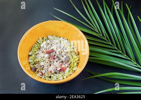 Haferflocken mit Nüssen und getrockneten Früchten in gelber Schale auf schwarzem Tisch neben grünem Palmblatt. Perfektes Vollkornfrühstück als Bio-Lebensmittel. Stockfoto