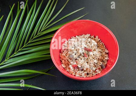 Haferflocken mit Nüssen und getrockneten Früchten in roter Schüssel auf schwarzem Tisch neben grünem Palmblatt. Perfektes Vollkornfrühstück als Bio-Lebensmittel. Stockfoto