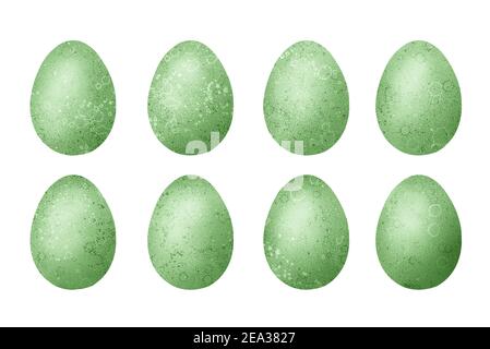 Set von 8 Ostereiern in grüner Farbe mit Acrylfarbe Textur. Isoliert auf weißem Hintergrund. Stockfoto