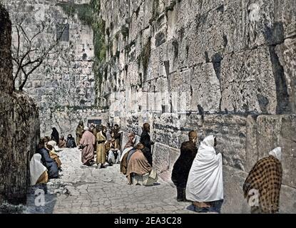 Foto des späten 19th. Jahrhunderts - Juden beten an der Klagemauer, Jerusalem, Palästina (Israel) c.1890 Stockfoto