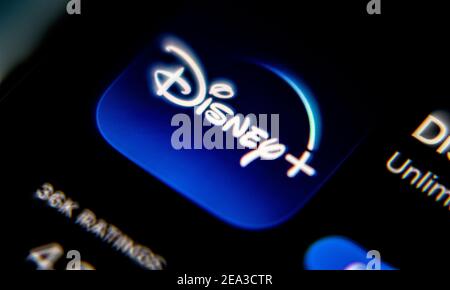 Disney Plus, Disney + Entertainment Abonnement-Service. Calgary, Alberta, Kanada, 10. Februar 2021 Stockfoto