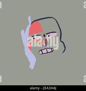 Minimal Sketch Man Portrait. Seltsames Lächeln. Raue Farbe mit Linie und Farbform. Stockfoto