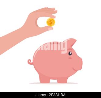Menschliche Hand wirft Münze in Sparschwein. Geld sparen, Wirtschaft, Investitionen, Banken oder Business-Services-Konzept. Gewinn, Einkommen, Gewinn, Budget, Fonds Stock Vektor