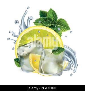 Zitronenscheiben, Minzblätter und Wasser mit Eiswürfeln bespritzen Stockfoto