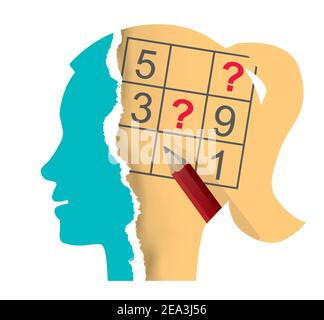Frauenkopf mit Sudoku und Bleistift. Illustration von Stylized zerrissenen Papier weiblichen Kopf Silhouette mit Sudoku und roten Bleistift. Vektor verfügbar. Stock Vektor